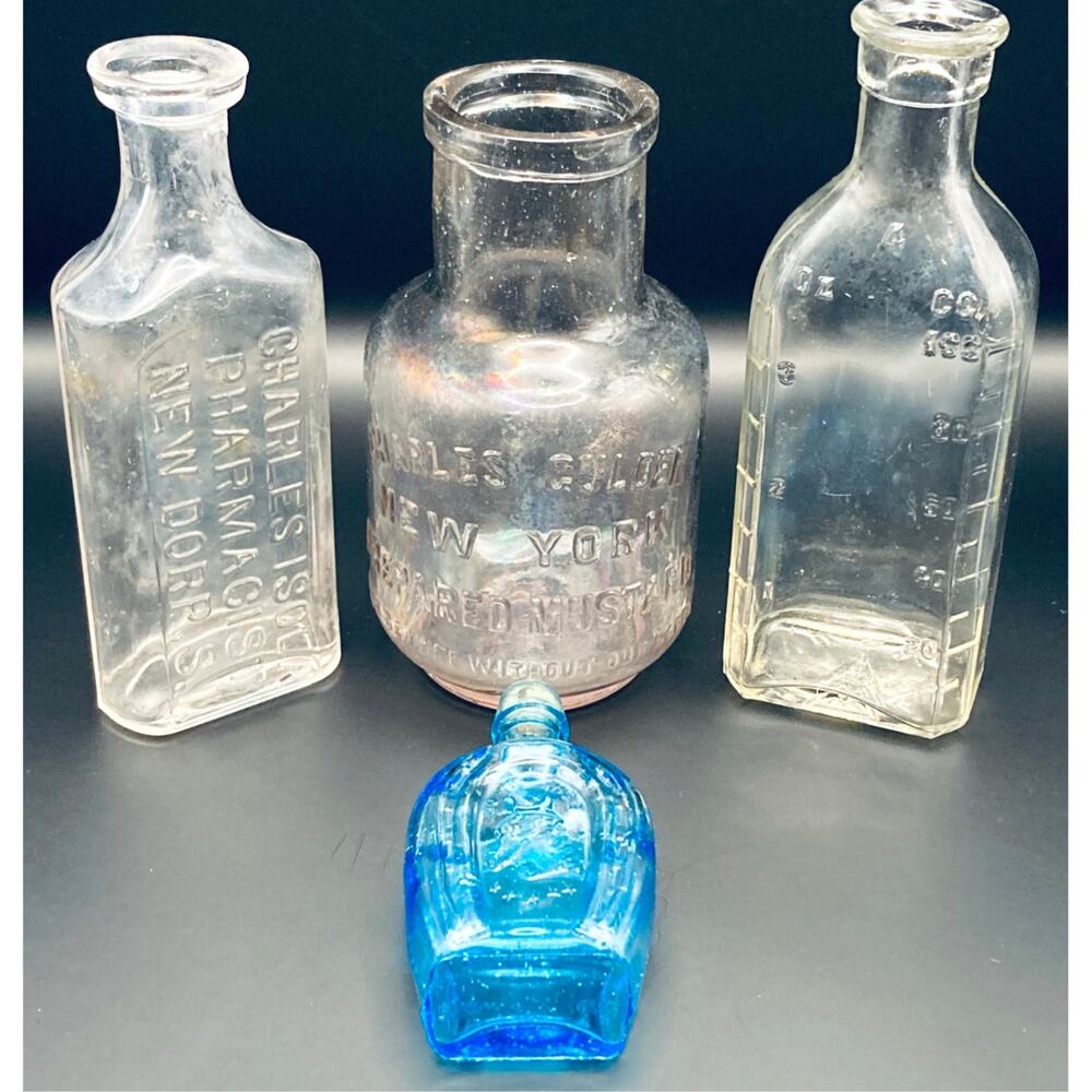 VTG Glass Bottle Bulk Lot of 4 - Apothecary Pharmacy - Mustard -Horseshoe Bitter